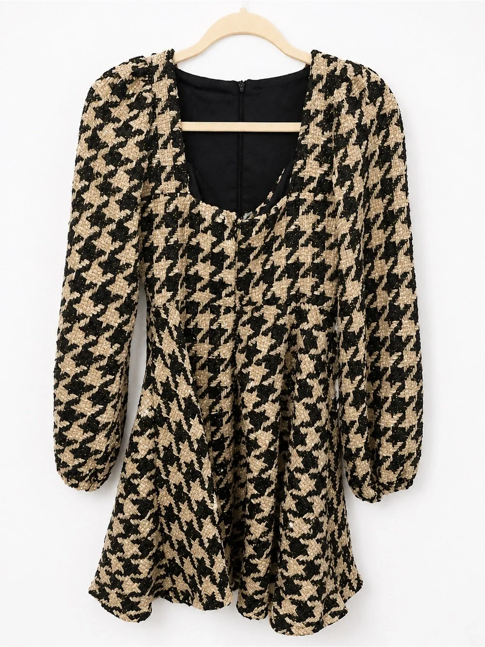 Black & Gold Houndstooth Long Sleeve Mini Dress – Sparkle Textured Party Dress